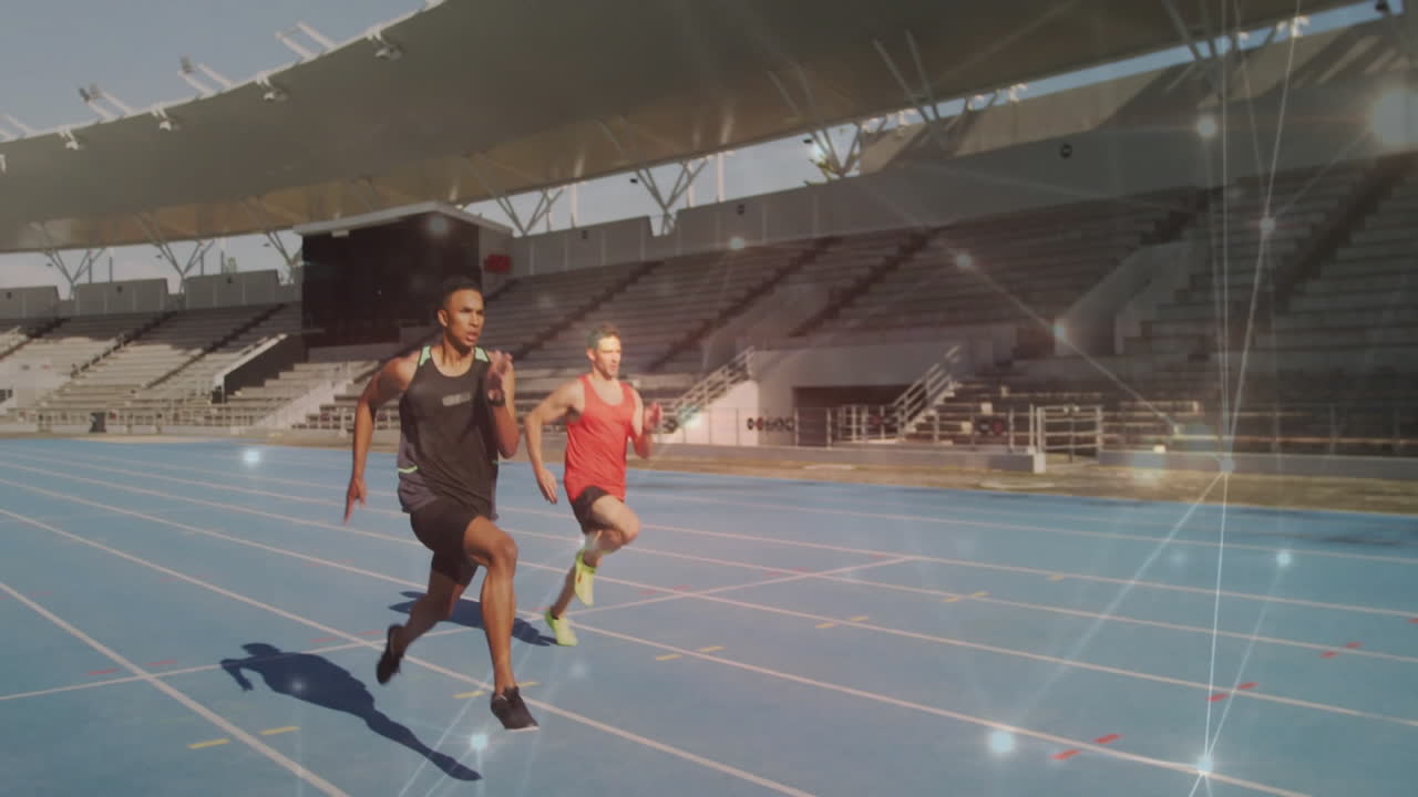 Runners sprinting on track with light flare animation over stadium background