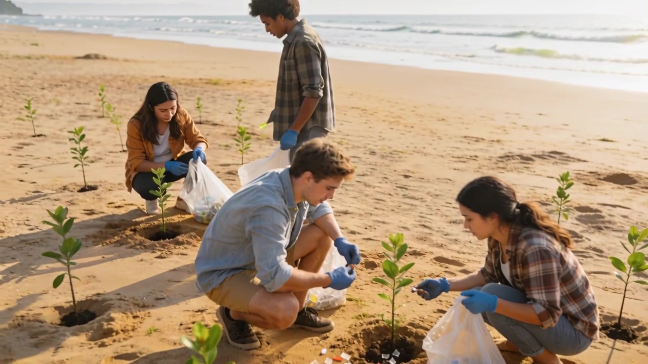 Spotting plastic, team removing litter and planting saplings on beach to restore coast, blue-gloved