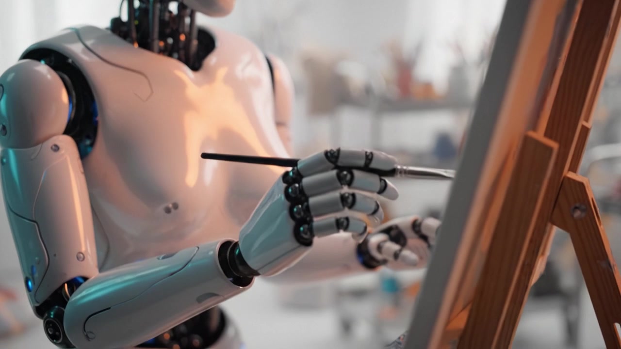 En futuristisk robotkunstner, der koncentreret skaber et mesterværk på lærred, kombinerer teknologi og kreativitet i et lyst studiemiljø fyldt med farver