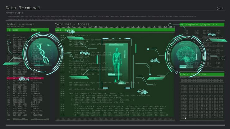 Animation of data processing with brain, human and dna strand over data processing