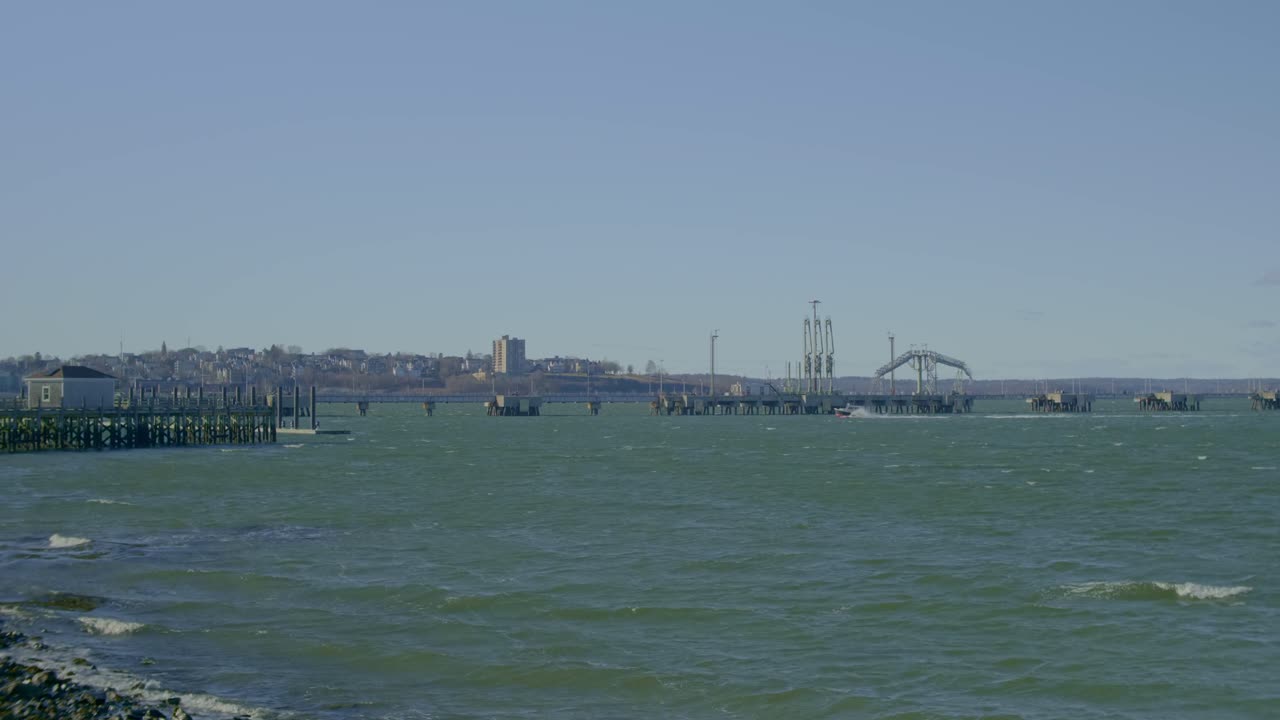 Wooden Dock And Pier On Coastal City of Portland In Maine, USA. wide shot