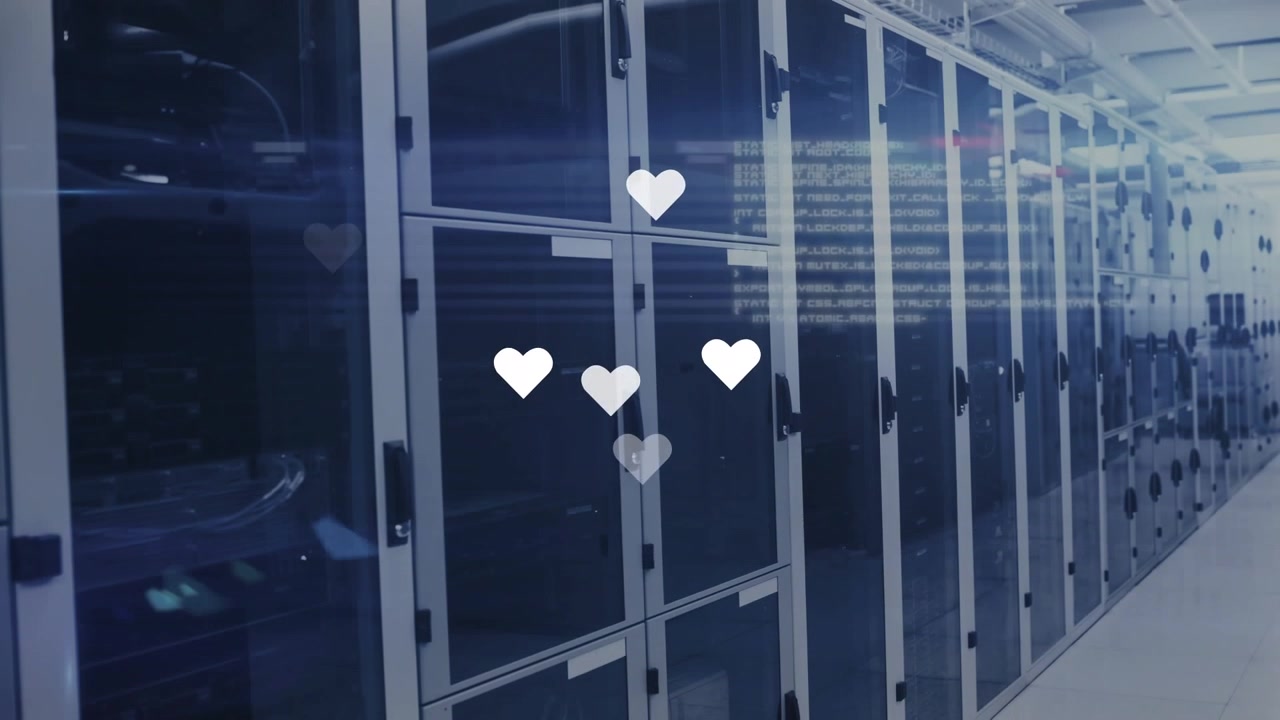 Animasjon av flytende hjerteikoner og databehandling mot et dataserverrom
