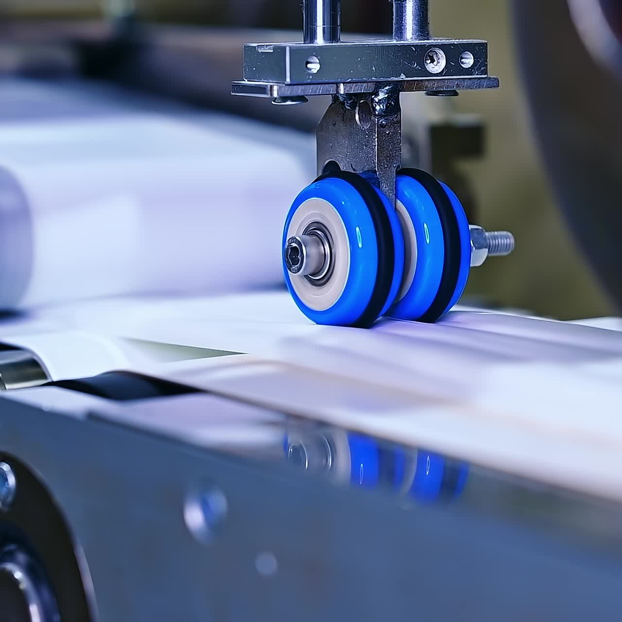Process of making recesses on the inner surface of a diaper. Little blue roller spinning on a conveyor line. Close up