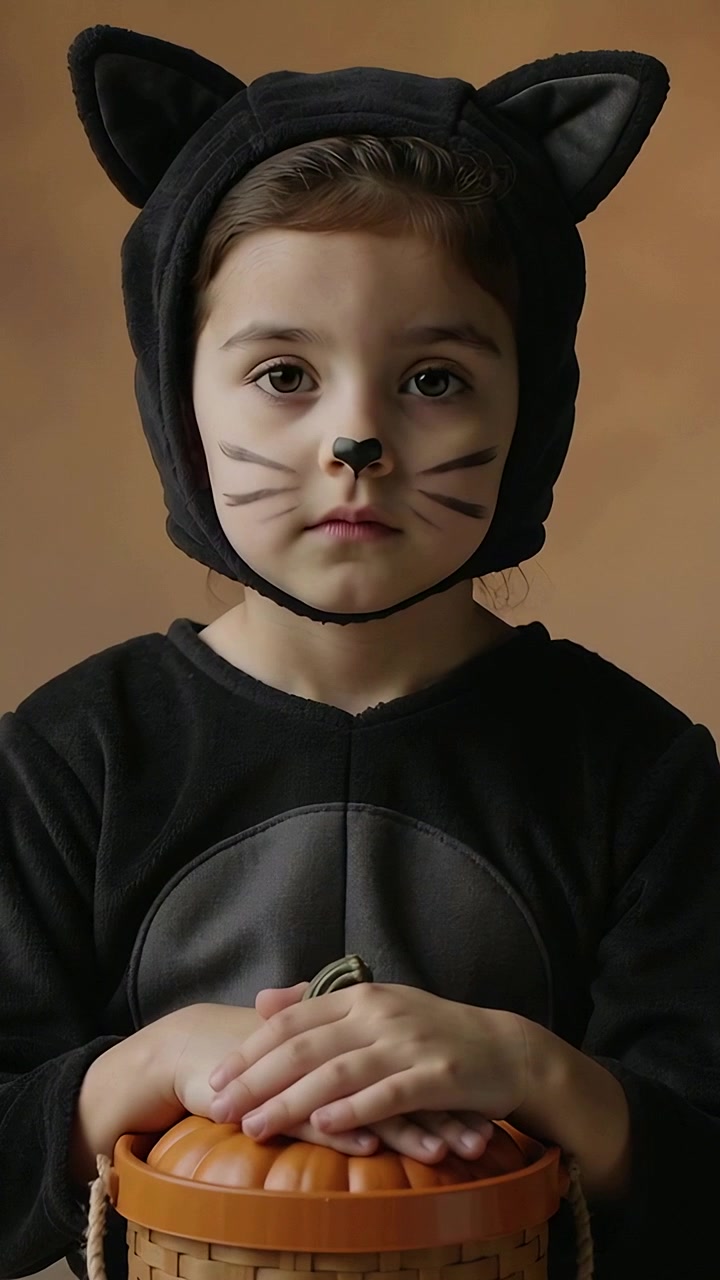 Video vertical: Secuencia que comienza con un niño con capucha de gato parpadeando y posando en un estudio con una cesta de calabaza