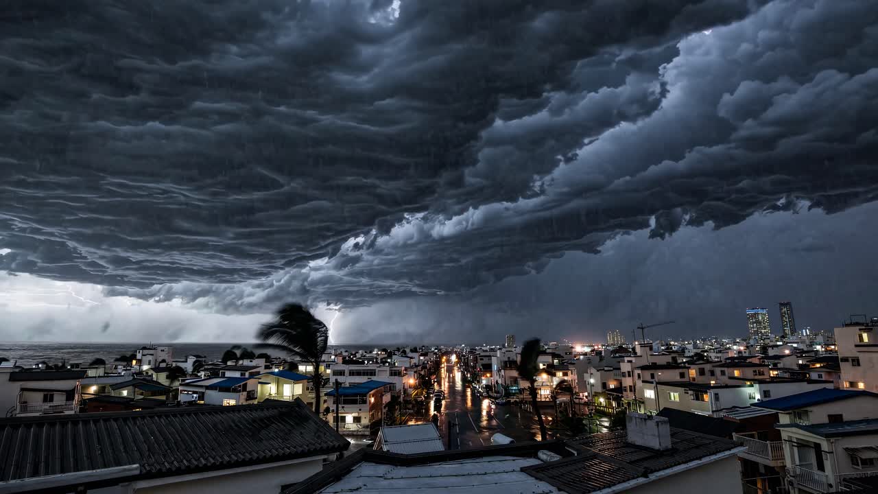 Dramatic wide-angle shot of a stormy sky over a cityscape, capturing the intense atmosphere