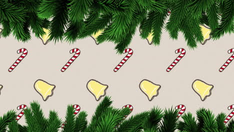 animation of fir tree branches over christmas pattern