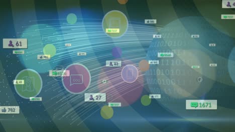 Digitale-Animation-Digitaler-Symbole,-Globus-Und-Lichtspuren-Vor-Radial-Grünem-Hintergrund