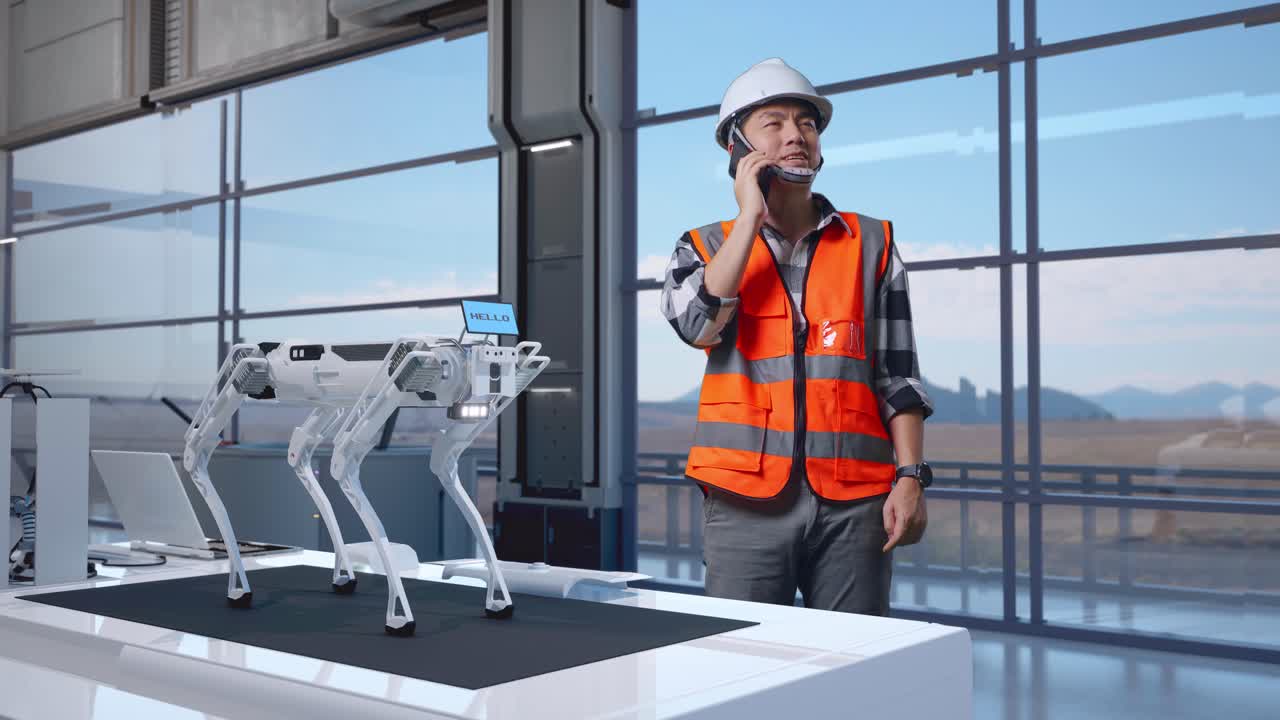 Full Body Of Asian Male Engineer With Safety Helmet Standing in High Tech Factory, Analyzing Robotic Machine Concept. Talking On Smartphone And Looking Around
