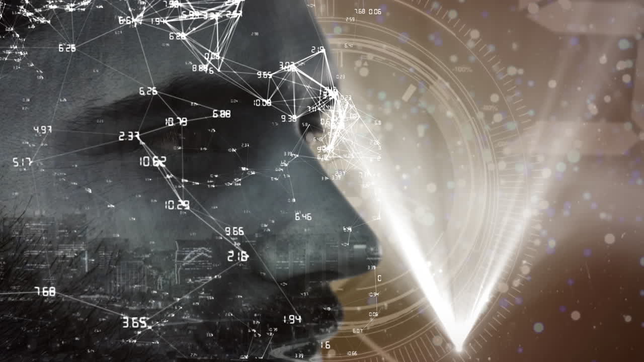 범위와 연결 네트워크의 애니메이션 인간 얼굴 위에