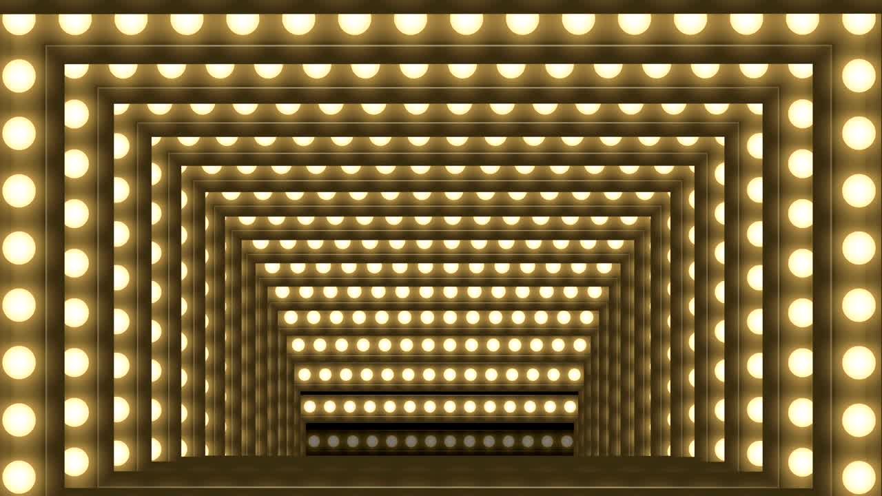 cuadro de caja de bombilla incandescente de túnel forma rectángulo patrón móvil, retro 3d estilo virtual ilustración brillo en fondo oscuro animación de bucle sin costuras 4k, con espacio de copia