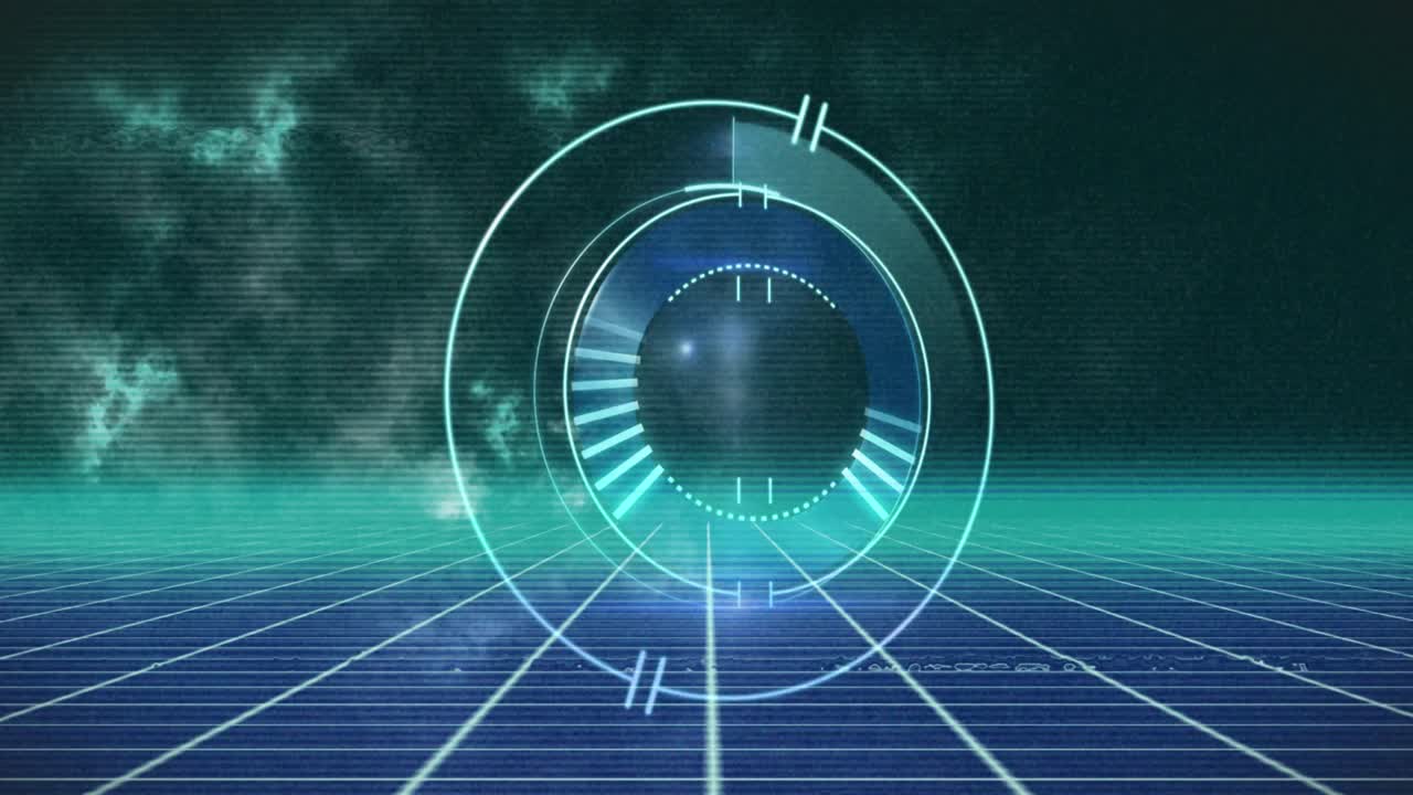 검은 배경에 대한 그리드 네트워크에서 둥근 스캐너에 대한 오류 효과의 애니메이션