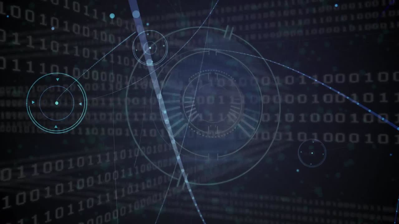 Animation of network of connections with data processing over scope scanning on black background