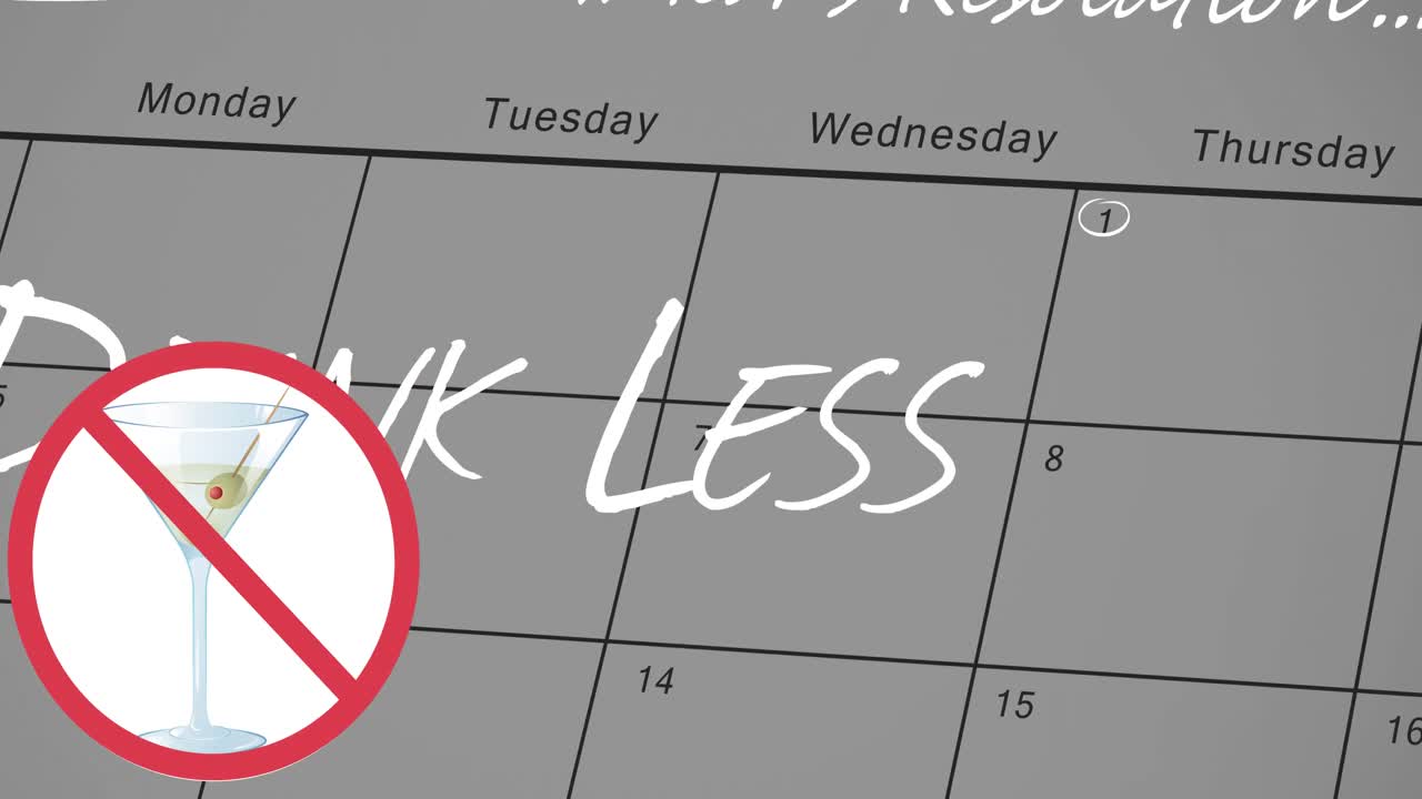 스 ⁇  표지판과 음료의 애니메이션, 새해 결의서와 함께 1 월 달력의 텍스트를 덜 마시십시오.