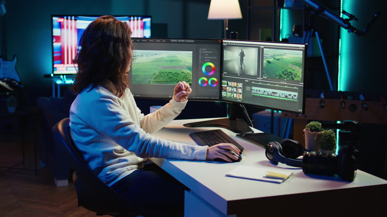 editor de video trabajando para una compañía de producción editando imágenes en bruto