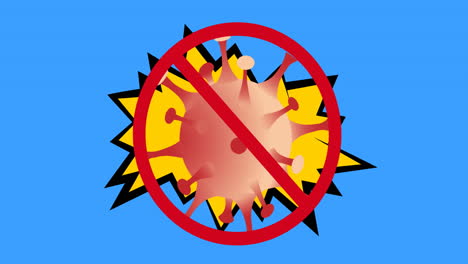 animación de un cartel de prohibición con un virus sobre un fondo azul