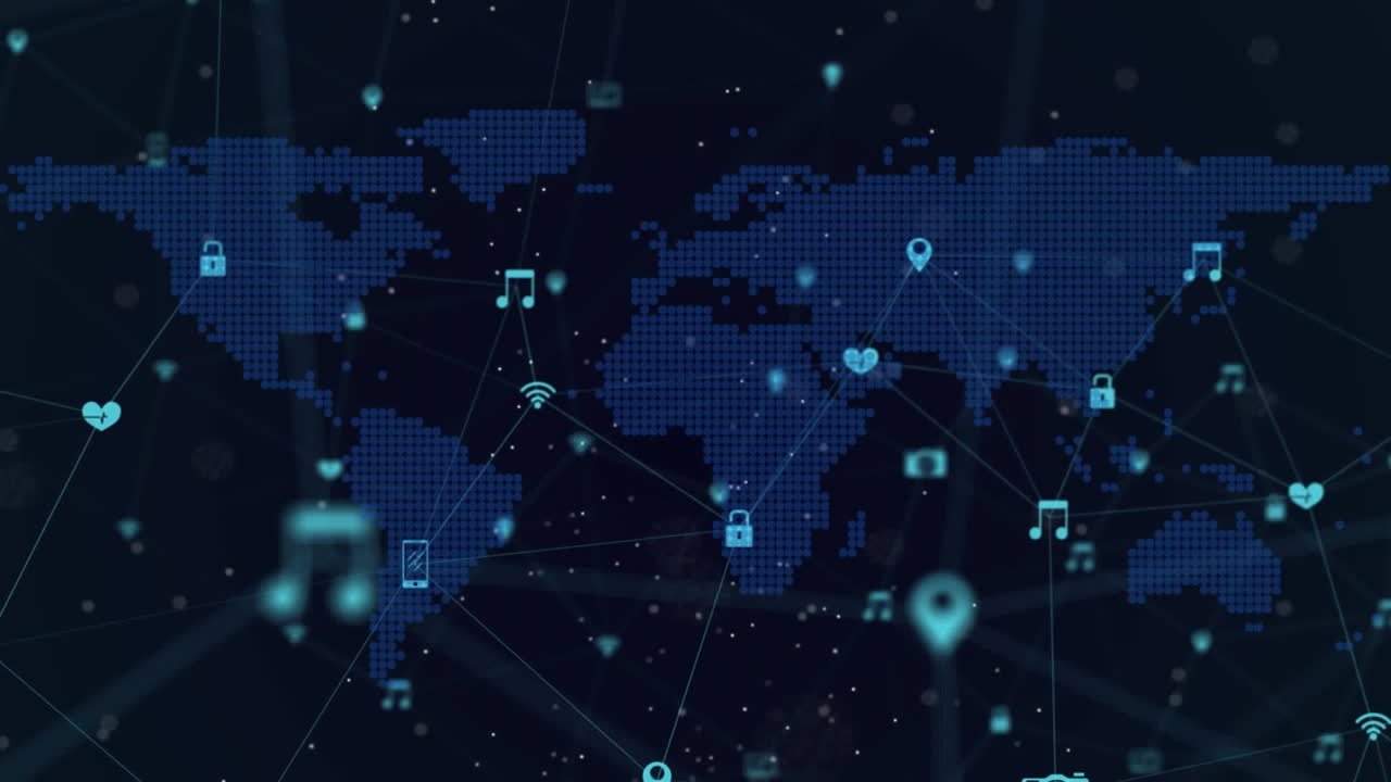 animación de la red de conexiones con iconos sobre el mapa del mundo