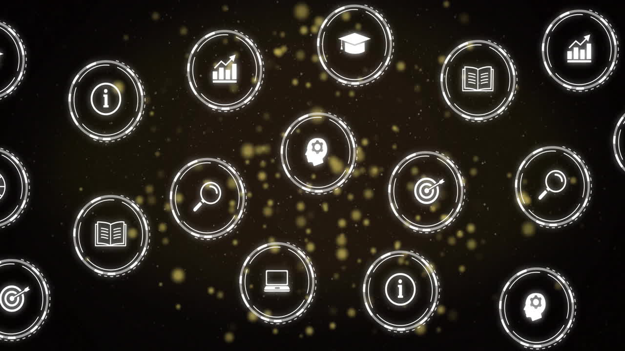 Animation of network of icons and digital data processing over black background