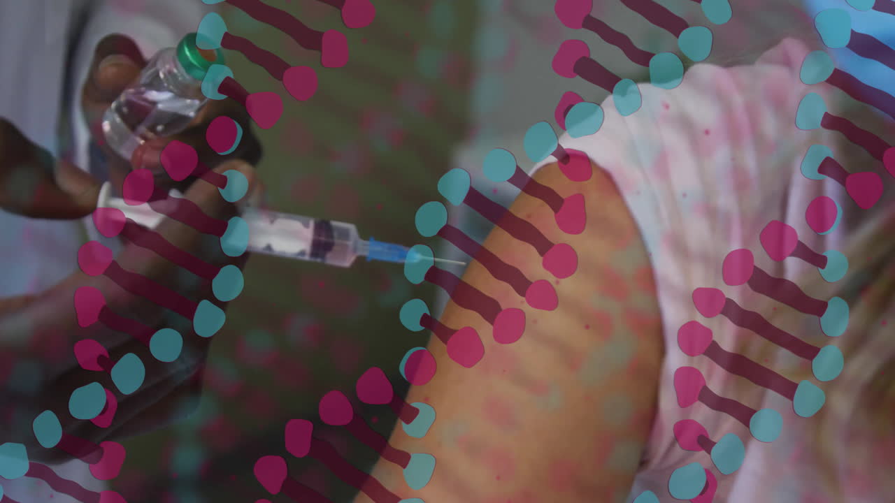 Animation of dna strands over african american doctor vaccinating caucasian female patient