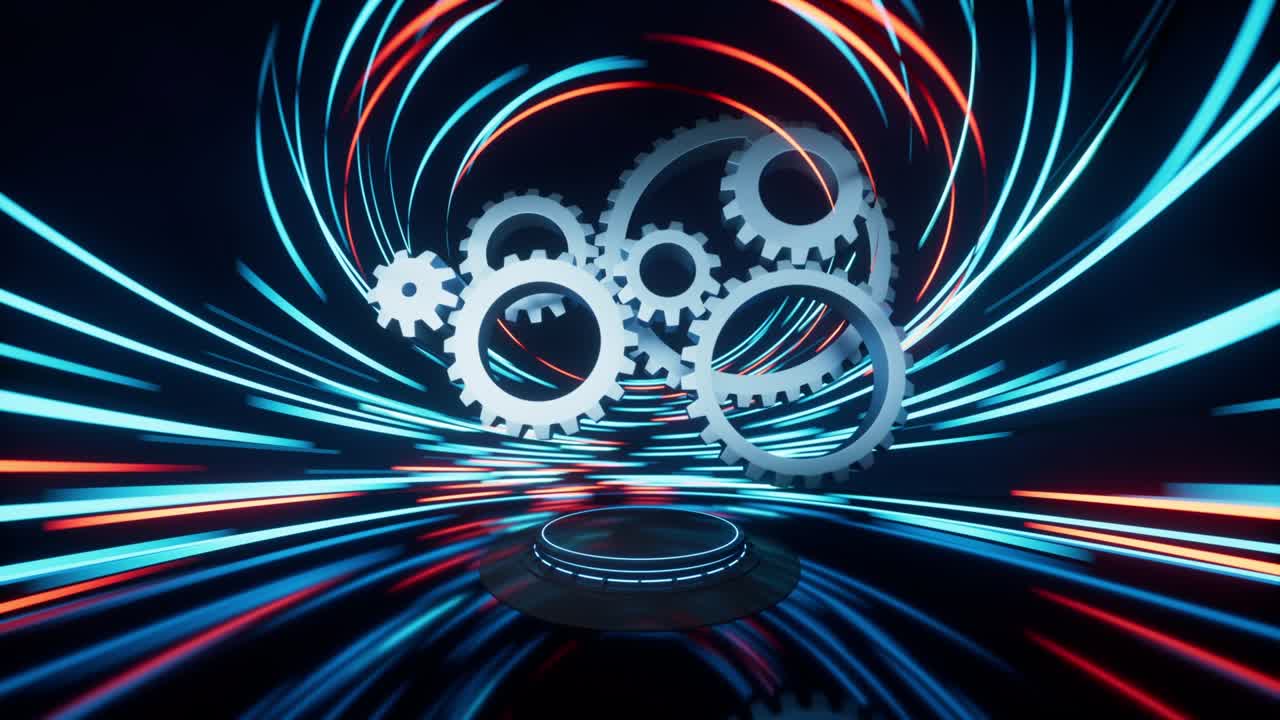 Mechanical gears belt with spin lines effect background, 3d rendering.