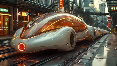 sleek futuristic vehicle on urban tracks