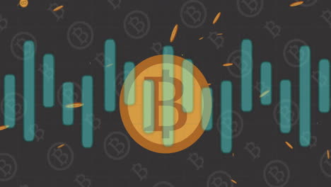 animación del procesamiento de datos financieros sobre símbolos de bitcoin en fondo gris