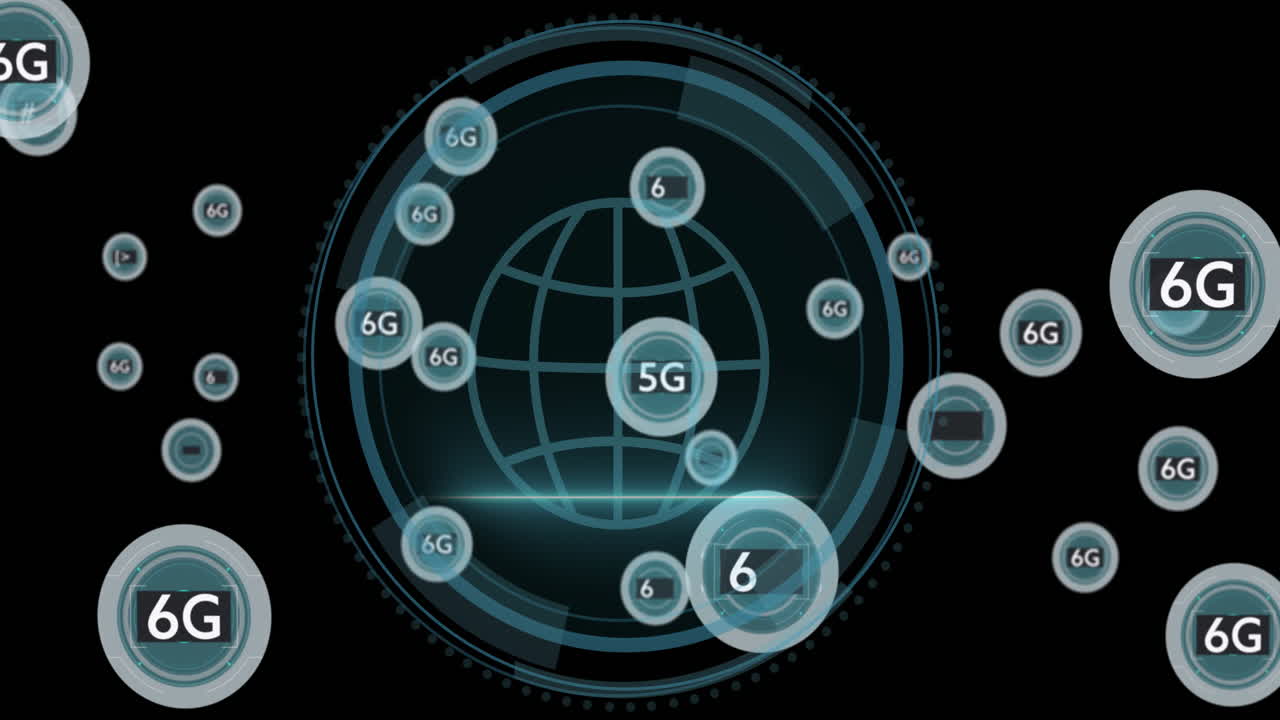 animación de 6g sobre el globo con escaneo de alcance en fondo negro