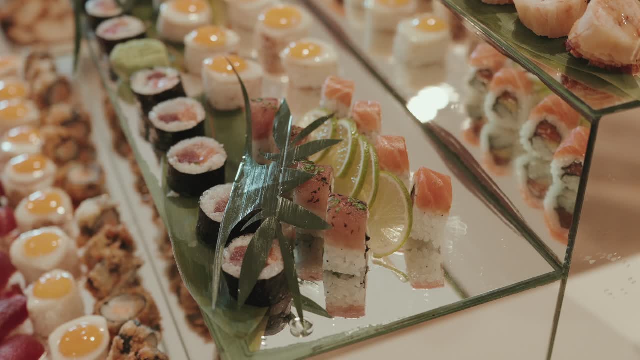assorted sushi rolls with salmon and lime slices presented on mirrored tray at sushi buffet