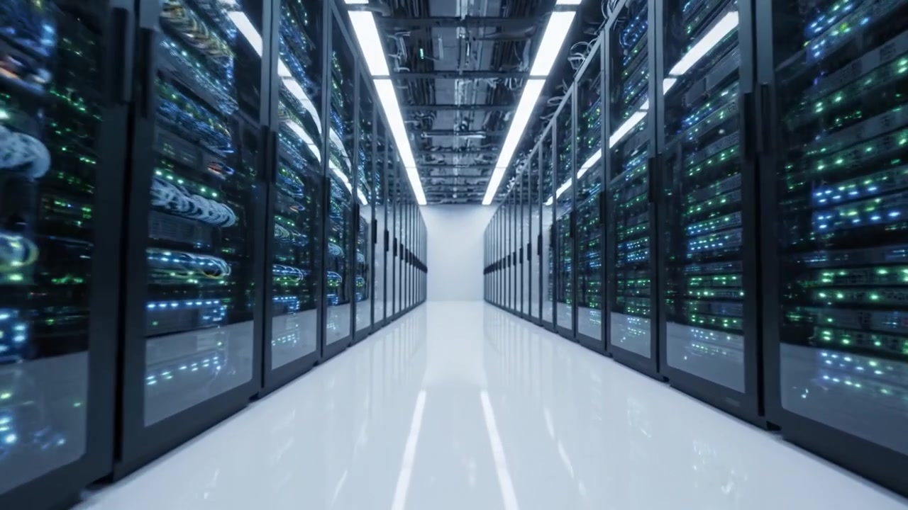 Un centro dati futuristico che mostra file di server ad alta tecnologia illuminati da vivaci luci LED e un corridoio pulito e spazioso per operazioni ottimizzate.