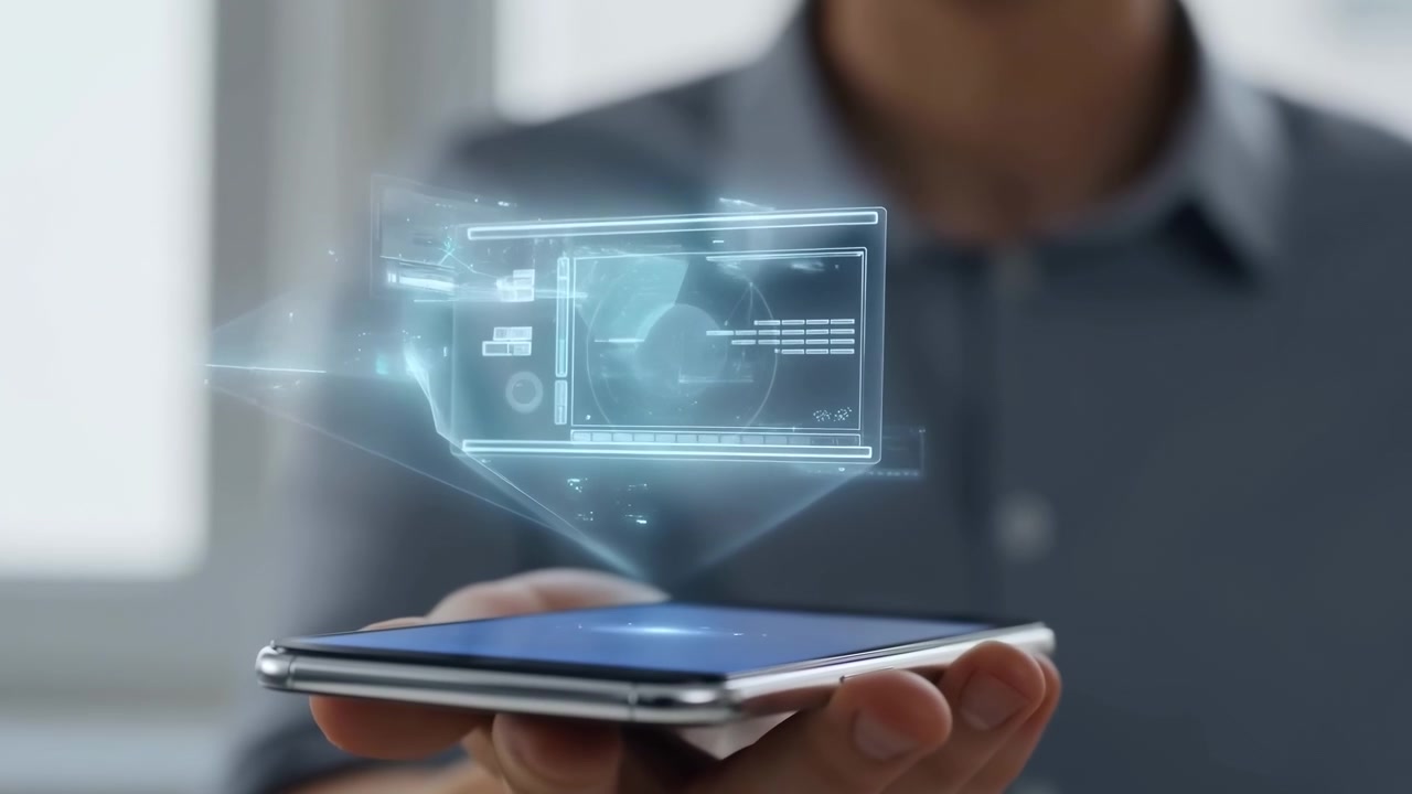 Handheld Smartphone Projecting Holographic Dashboard Visuals, Blurred Person In Background, Office Lighting,