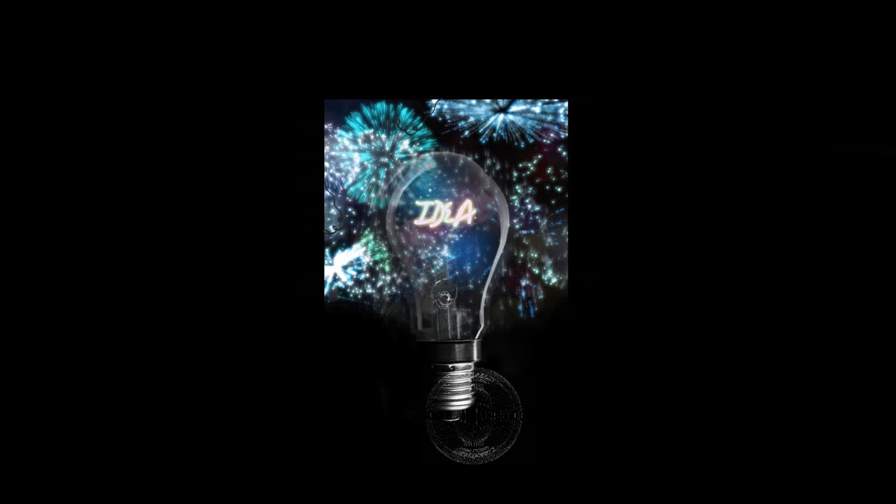 Animation of light trails over shapes and light bulb with idea text on black background