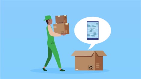 logistic service animation with worker speaking lifting boxes carton