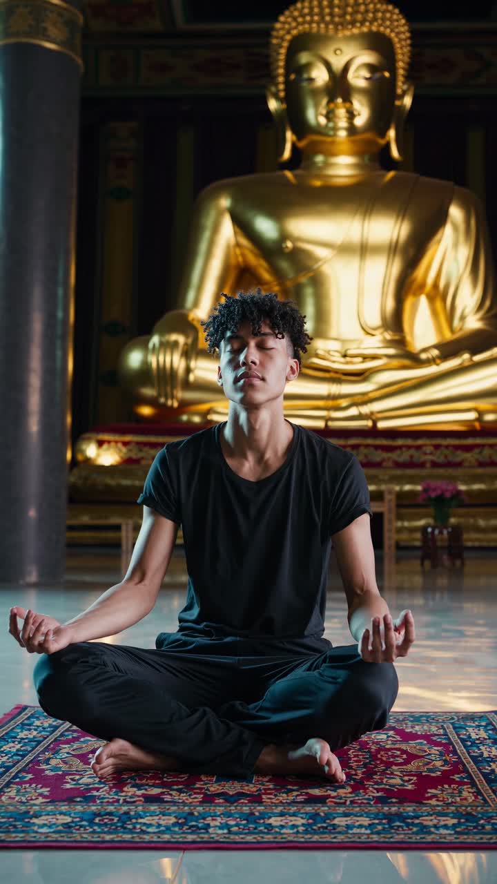Young man practicing meditation in lotus position in a temple in front of a large golden Buddha statue, finding inner peace and mindfulness through spiritual practice