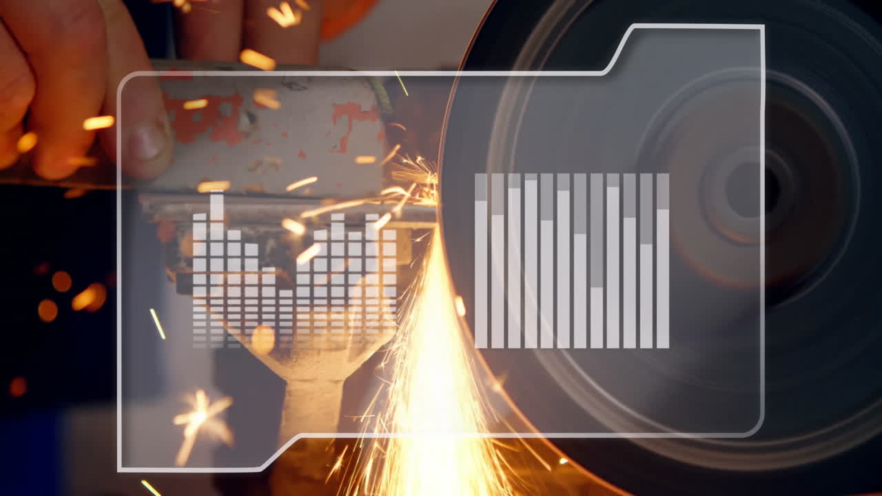Grinding sparks flying from metal with digital data animation overlay