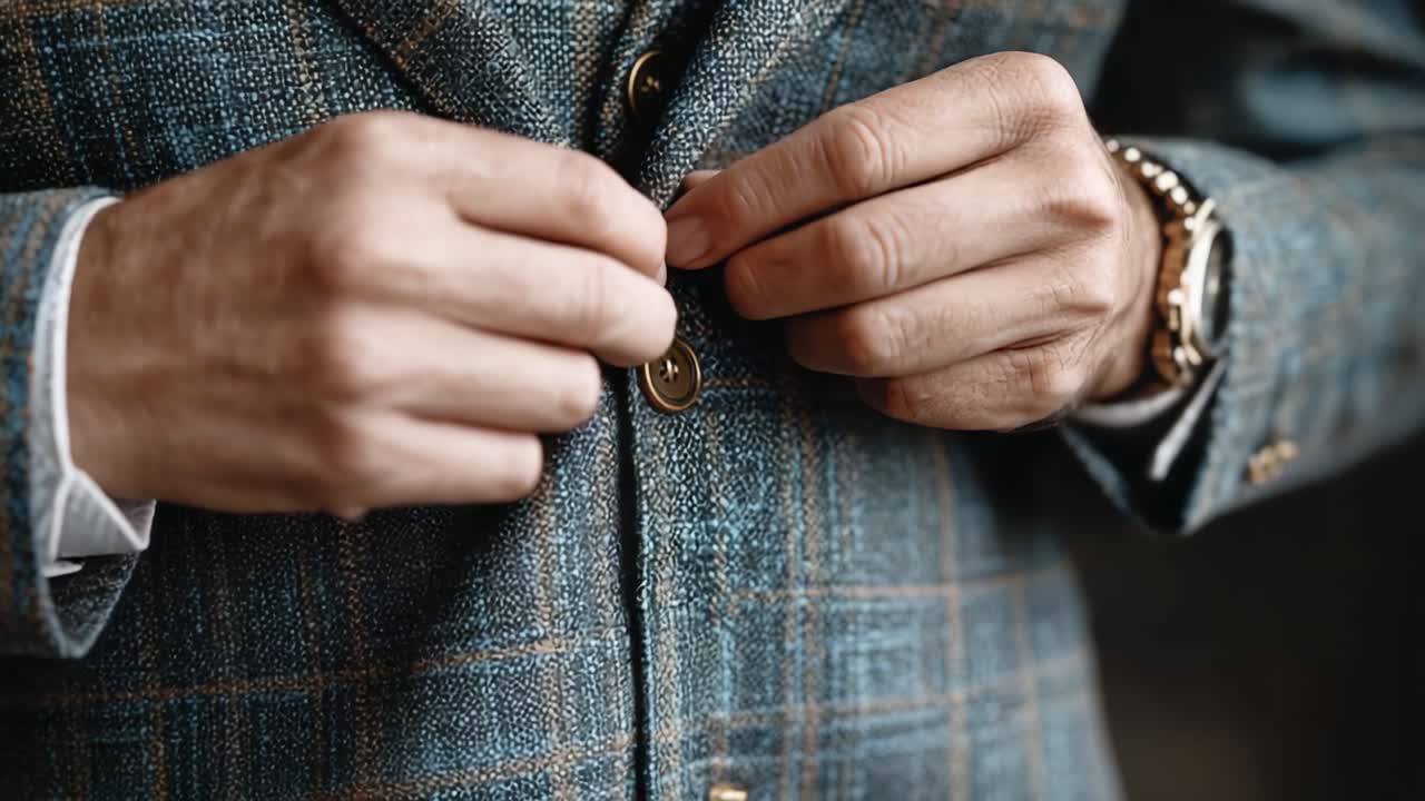 A Close-Up Look at a Man's Hands Buttoning a Stylish Suit Jacket, Showcasing Tailoring Details and Elegant Fashion Choices