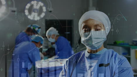 animation of data processing over portrait of smiling biracial female surgeon in operating theatre