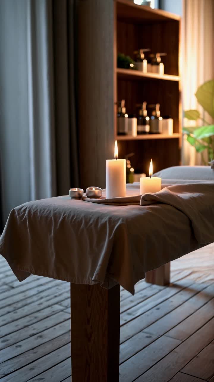 A cozy spa setting with lit candles on a massage table, captured at a low angle