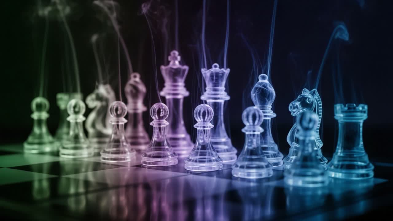 Mesmerizing Chess Pieces: A Captivating Display of Elegance and Strategy Enhanced by Ethereal Smoke Effects in a Mystical Atmosphere