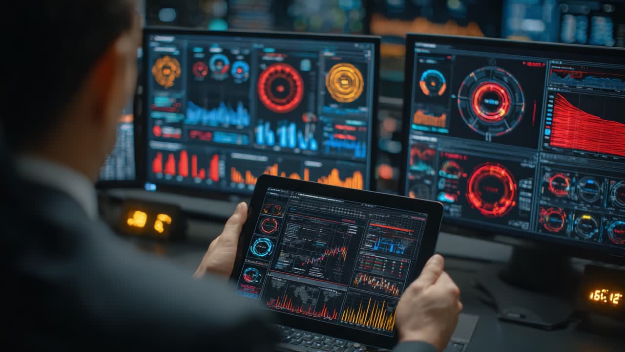 A Professional Analyst Engaged with Complex Data Visualizations on Multiple High-Tech Screens, Utilizing a Tablet for Comprehensive Financial Monitoring and Reporting Activities
