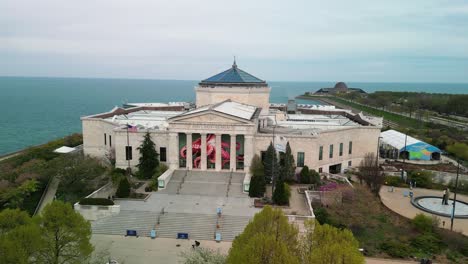 aerial orbit of shedd aquarium, chicago, illinois