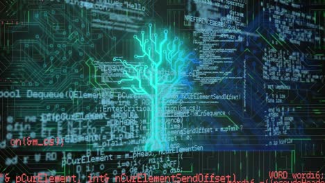 animation of financial data processing and computer circuit board over black background