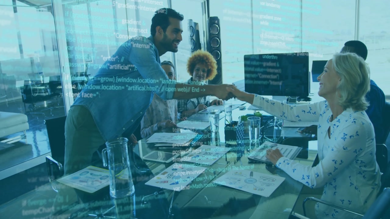 Animation of digital data processing over diverse business people in office
