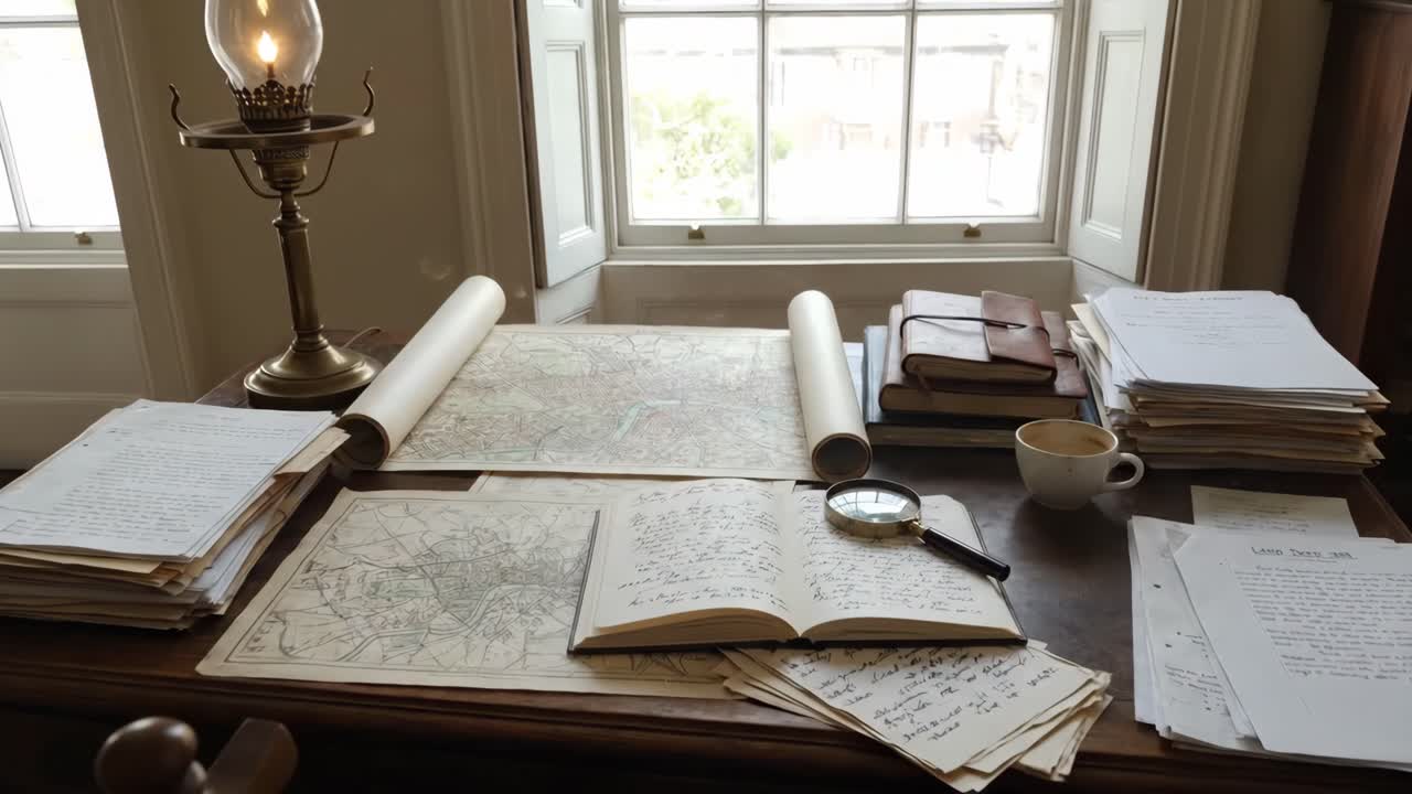 Scrivania antica con mappe antiche, libri e lente d'ingrandimento