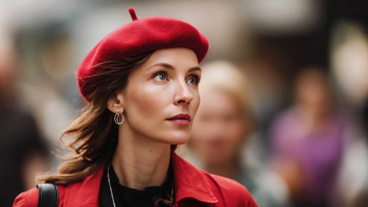 A woman in a striking red beret and fashionable coat walks through a bustling street, capturing the essence of urban life and style amidst the crowd
