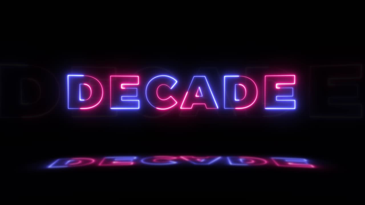 neón brillante palabra 'década' en un fondo negro con reflejos en un piso. signos de brillo de neón en gráfico de movimiento de bucle sin costuras