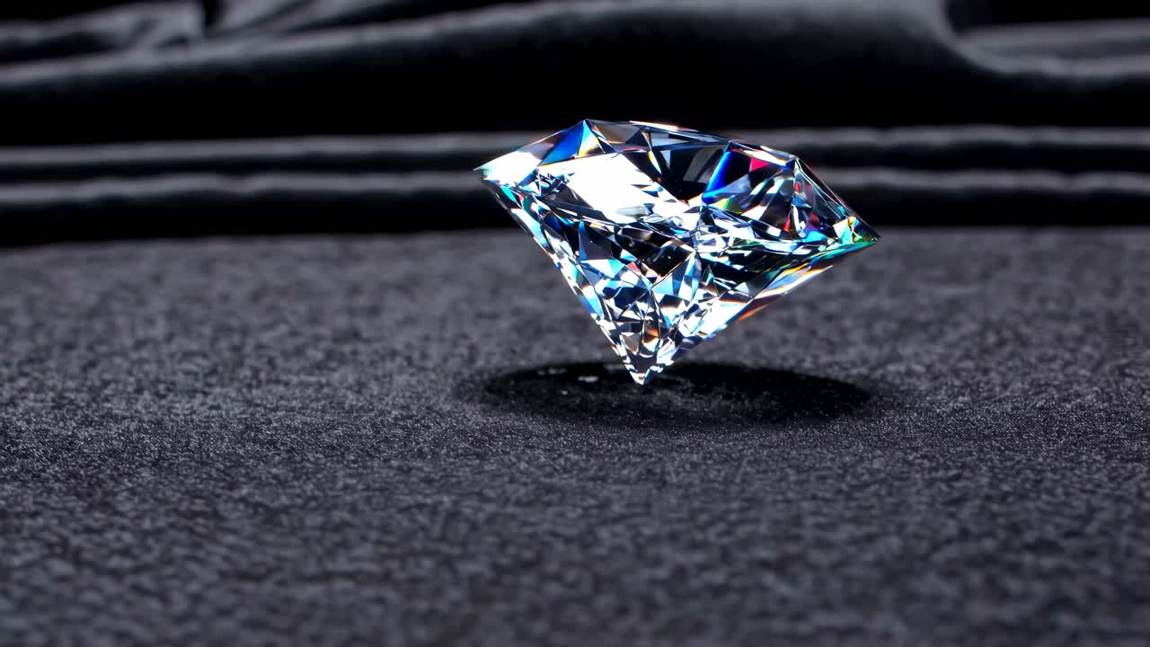 Close-up video of a sparkling diamond on black velvet, shot from a low angle