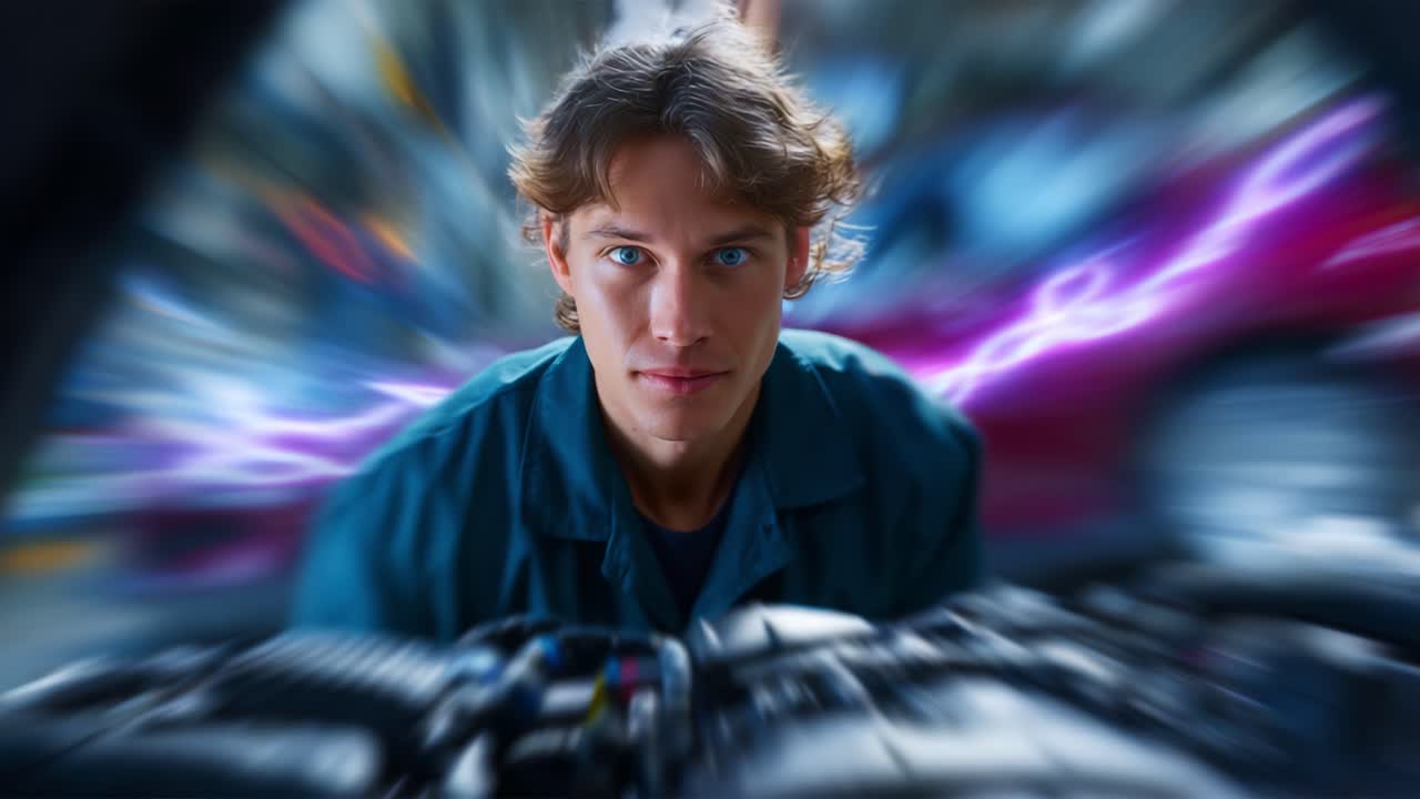 Focused Mechanic Engaged in Automotive Repairs with Tools in Blur Background and Intense Expression, Capturing the Essence of Skilled Craftsmanship and Precision