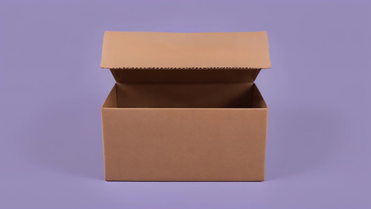 Scatola di cartone che si apre, si chiude e si riempie su sfondo viola