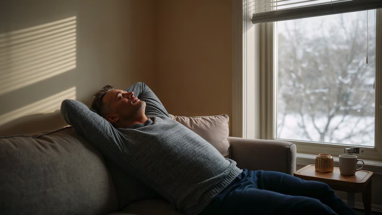 Homem descansando, vestindo suéter cinza e jeans, observando árvores cobertas de neve pela janela, com as mãos atrás da cabeça