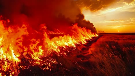 a field of burning grass in the middle of a field at sunset