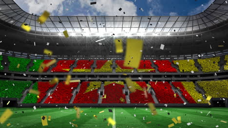 animation of flag of cameroon and confetti falling over sport stadium